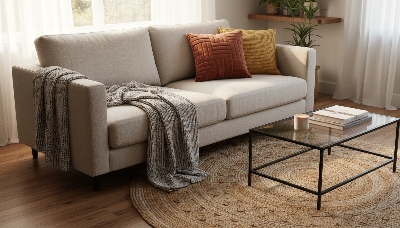 A cozy living room vignette featuring a plush, dove-grey throw blanket draped casually over the arm of a low-profile linen sofa, accompanied by a pair of uniquely textured, affordable accent pillows in terracotta and mustard hues. Positioned near a natural fiber jute rug and an elegant, glass-topped coffee table with a matte black metal frame. Warm afternoon sunlight streams through a sheer white curtain, creating soft, diffused highlights and gentle, elongated shadows for a tranquil and inviting feel. Shot from a slightly elevated, wide-angle perspective, the composition uses asymmetrical framing to evoke a sense of relaxed livability. The overall aesthetic is modern, approachable, and stylish, emphasizing the comfort and value of home goods offered.
