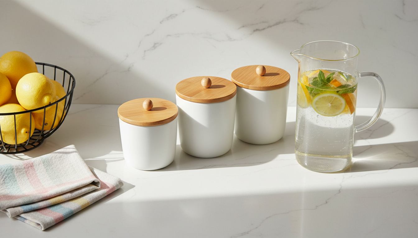 A sunlit kitchen counter scene showcasing an affordable set of matte white ceramic canisters with natural bamboo lids, neatly arranged next to a clear borosilicate glass pitcher filled with citrus-infused water. The countertop is cool, veined white quartz with subtle reflective qualities. Surrounding elements include a wire fruit basket filled with lemons and a small stack of woven cotton dish towels with soft pastel stripes. Gentle morning light floods the space from a nearby window, casting crisp highlights and subtle shadows, creating a clean and energizing mood. Captured from an overhead bird’s eye view, the composition highlights product details and stylish organization. The image balances everyday functionality with a sense of curated simplicity, reflecting the store's commitment to accessible home essentials.