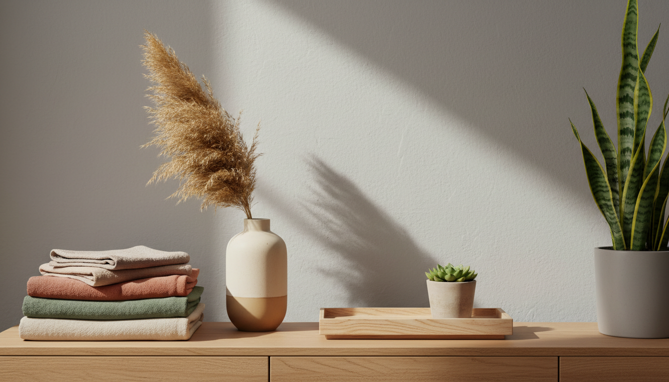 An inviting arrangement of essential home goods, featuring a stack of neatly folded linen towels in muted earth tones, a matte-glazed ceramic vase filled with dried pampas grass, and a minimalist wooden serving tray with a subtle grain texture. The items are arranged on a light oak credenza against a soft grey wall, with a potted snake plant adding greenery nearby. Soft morning sunlight filters in from the side, casting gentle highlights and creating natural shadows for a fresh and calm atmosphere. The composition is shot at an eye-level angle, utilizing the rule of thirds with a shallow depth of field to subtly blur the background. The style is clean, modern, and affordable, perfectly communicating the accessible elegance of a home goods store.