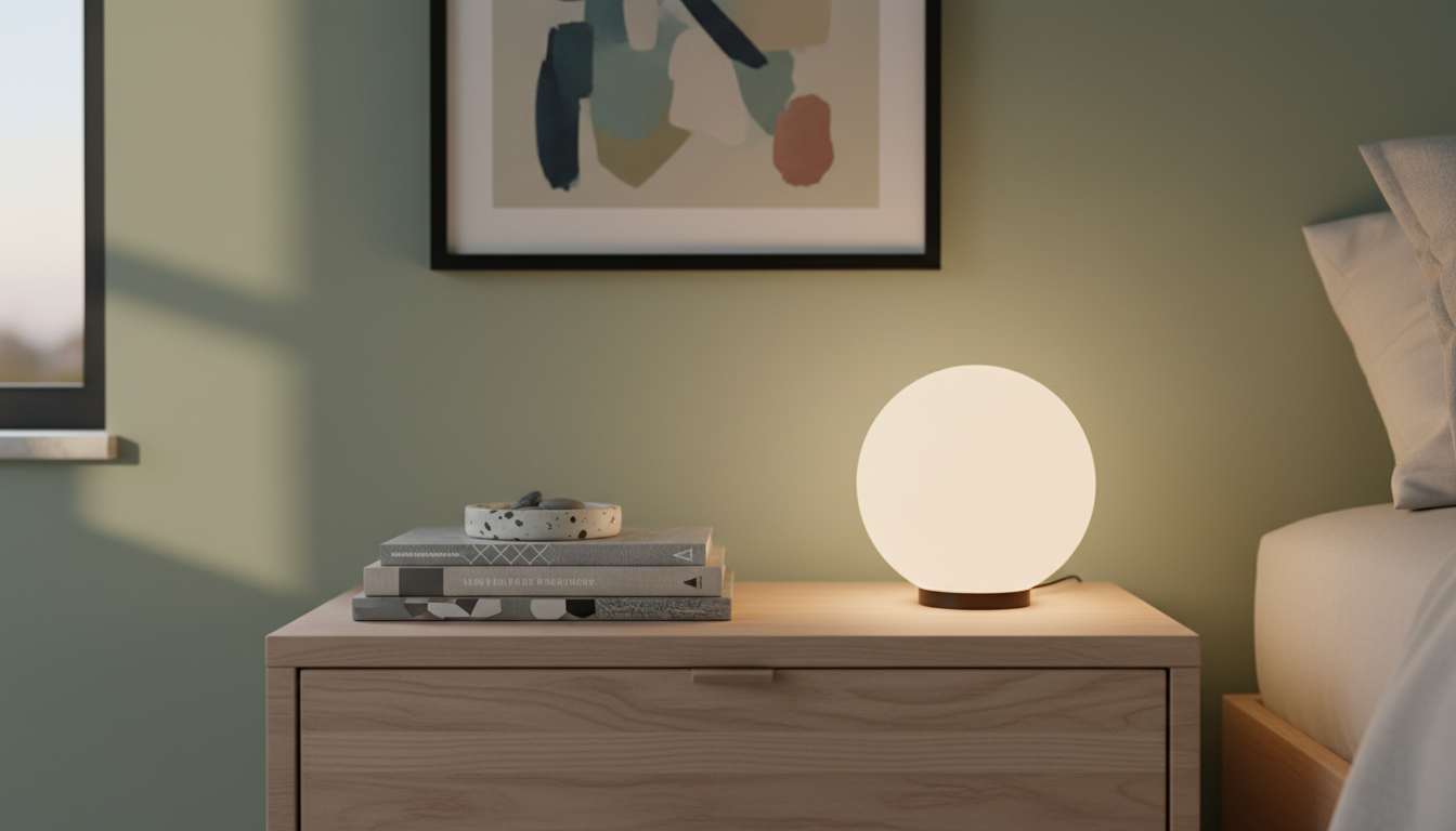 A tranquil bedroom corner featuring a minimalist bedside table made from light ash wood, topped with a small, round, frosted glass lamp that casts a soft, ambient glow. Resting beside the lamp is a stack of hardcover design books and a speckled ceramic catchall dish. The backdrop is a calming sage green wall with a framed abstract art print in muted tones. The environment is subtly illuminated by early evening light mingling with the lamp’s warm hue, creating a soothing and peaceful atmosphere ideal for relaxation. Captured from a slightly low angle at close range, the composition uses a shallow depth of field to focus attention on the tabletop surfaces while softly blurring the background. This scene captures the modern serenity and affordable luxury central to the store’s home goods selection.