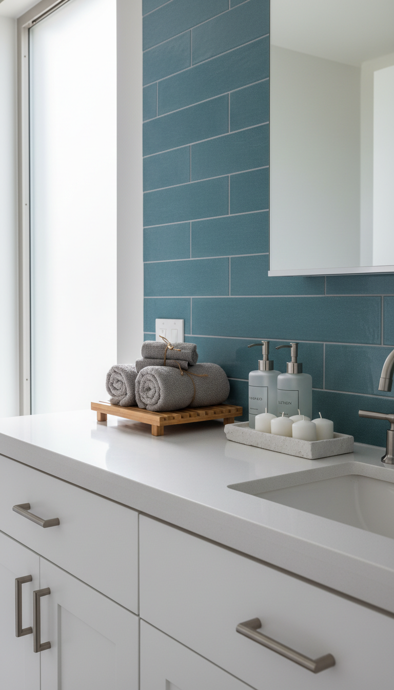 A modern bathroom display with a collection of affordable spa-inspired goods: a set of stone-grey cotton towels neatly rolled on a slatted bamboo shelf, beside frosted glass soap dispensers and a textured ceramic tray holding a cluster of white votive candles. The surface is a sleek, matte white quartz vanity with brushed nickel fixtures, set against an ocean-blue tile accent wall. Natural midday light filters through a frosted glass window, creating luminous highlights and gentle, diffused reflections for a fresh, clean mood. Photographed from a straight-on, mid-level composition with sharp focus throughout, the image celebrates practical elegance and everyday tranquility. The style is crisp, contemporary, and minimalist, emphasizing the store’s commitment to functional, beautiful home goods at affordable prices.